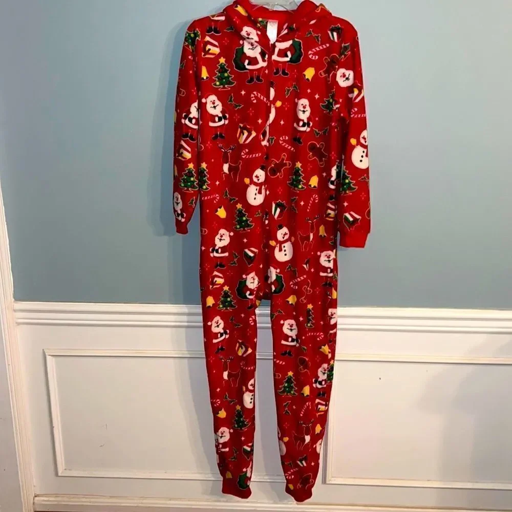 Girl”s size 16 Christmas holiday one piece hoodie cozy comfy pajamas